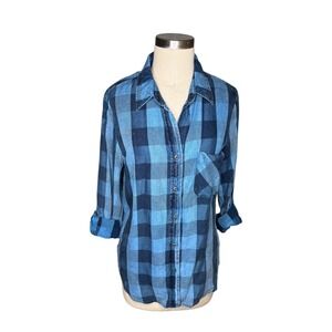 BILLY T Blue Plaid Button Down Shirt Roll Tab Lyocell Women's Size Small